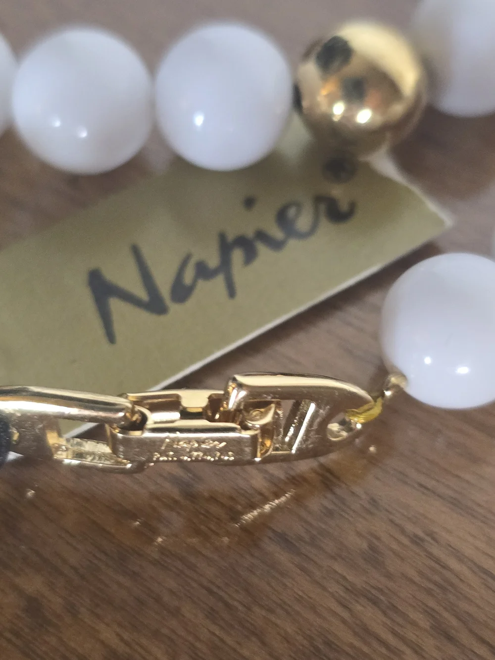 Napier Signed White Beaded Necklace with Gold Accent Beads